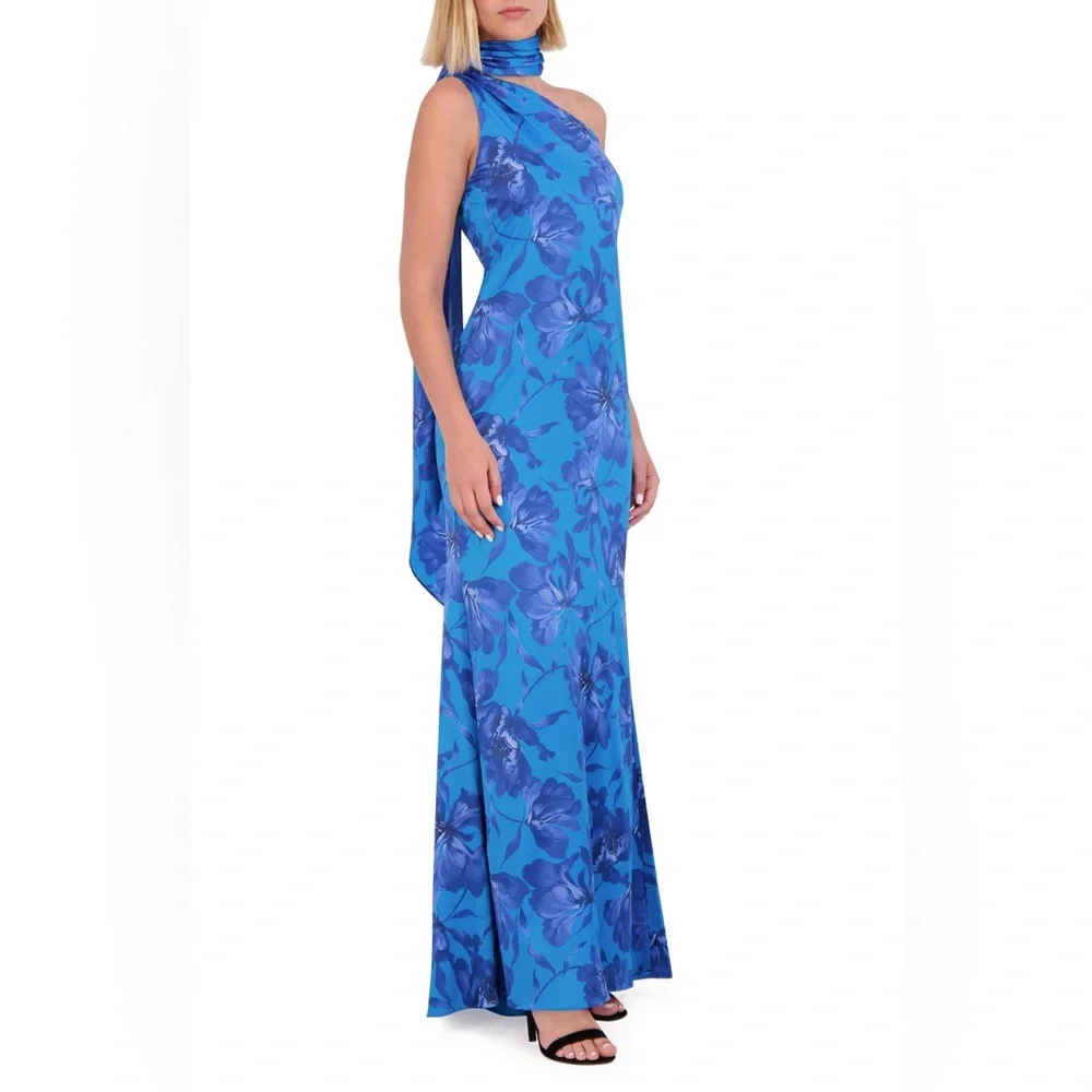 Vince Camuto One Shoulder Drape Mock Neck Sleeveless Floral Sheath Dress - Picture 3 of 3